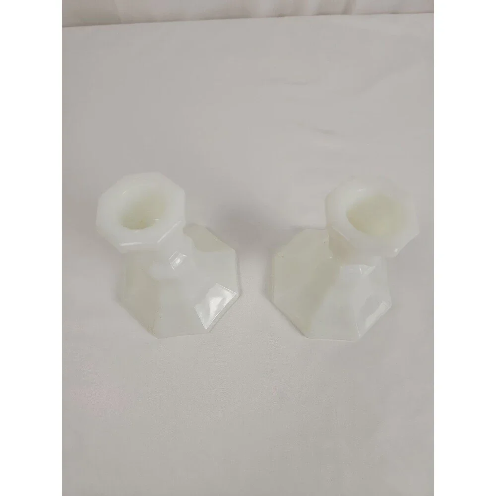 Vintage Milk Glass Candlestick Octagon Shape White Candle Holder MCM Lot of 2